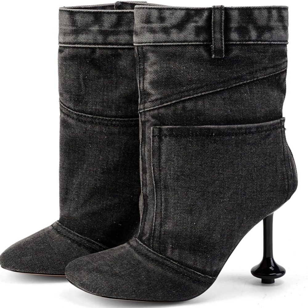 Black Denim Women's Ankle Boots, 10, square toe,unique heel, cowboy, zipper side